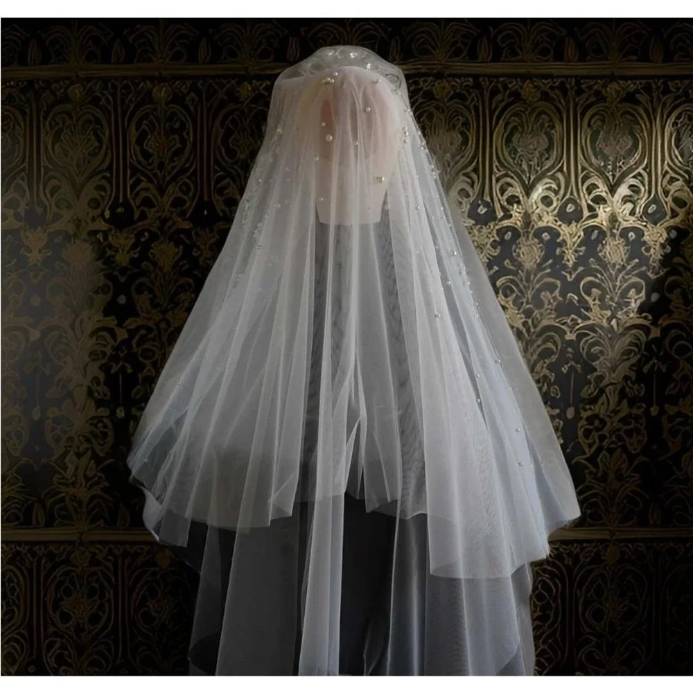 New Pearl 2 Layer Bridal Veil Hijab Scarf Hair Cover Wedding Bridal Ivory Beaded